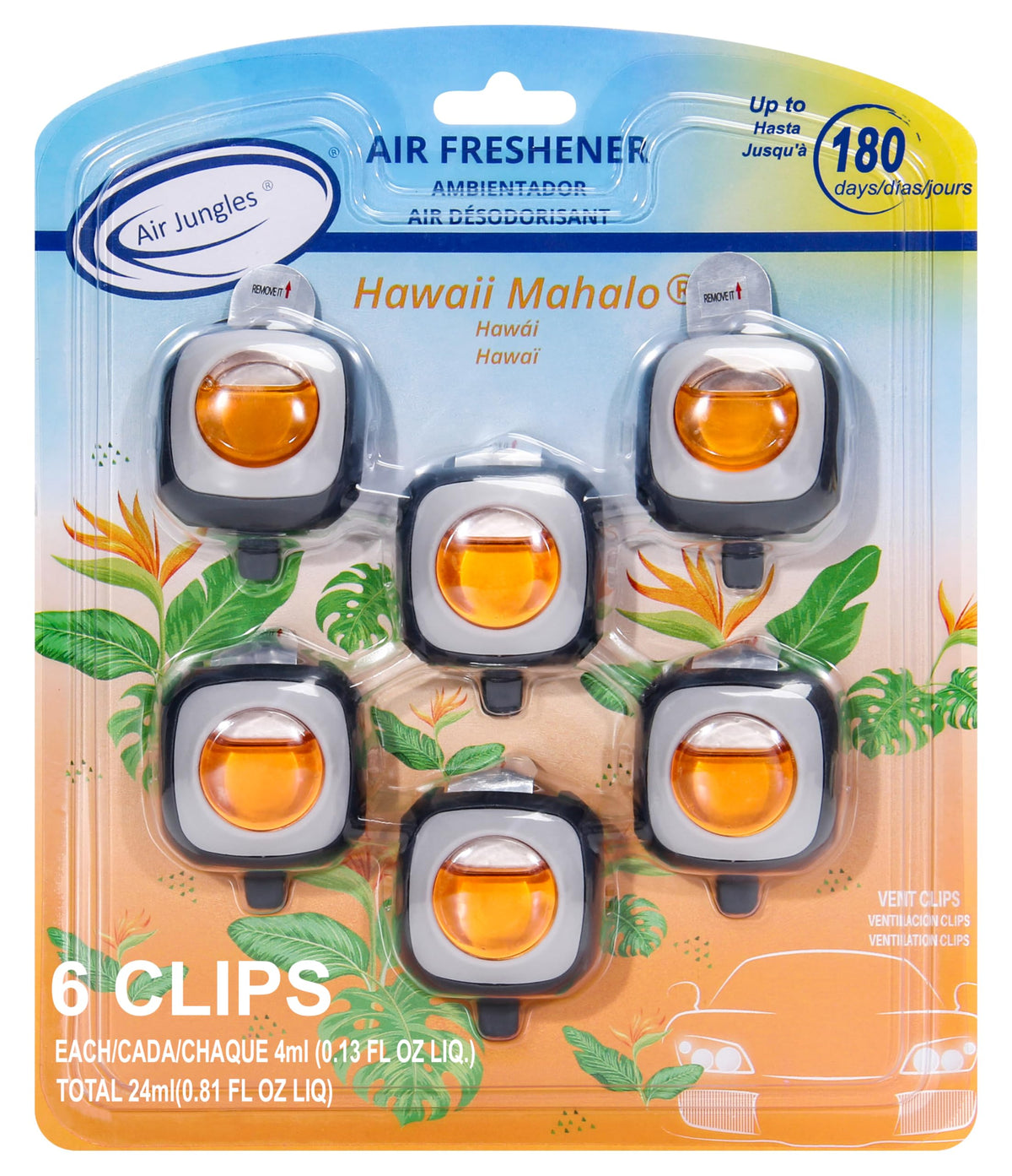 Air Jungles Hawaiian Scent packaging shows long-lasting car fragrance.
