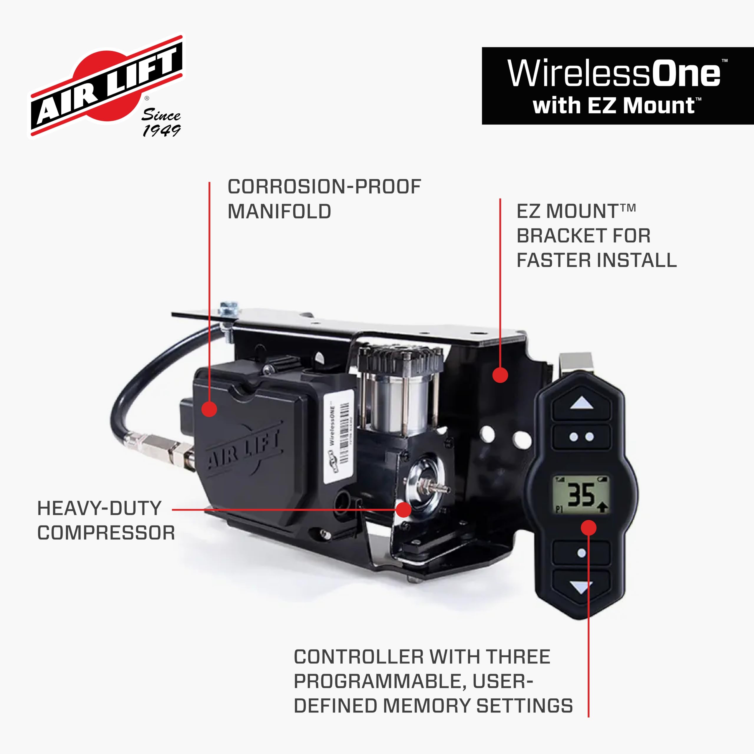Air Lift EZ Mount compressor close-up highlighting no-drill installation.
