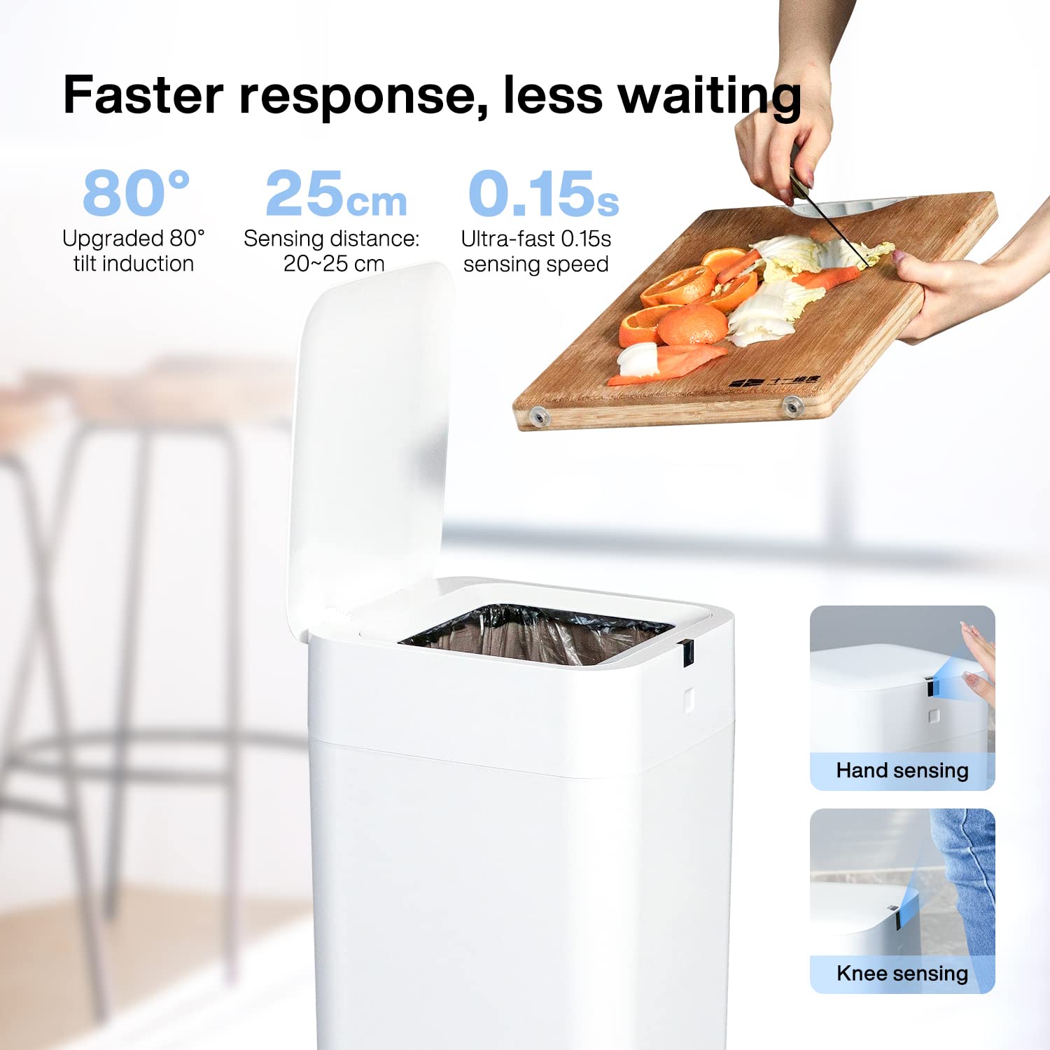 Airdeer Trash Can touchless lid responds to hand wave for hygienic disposal.