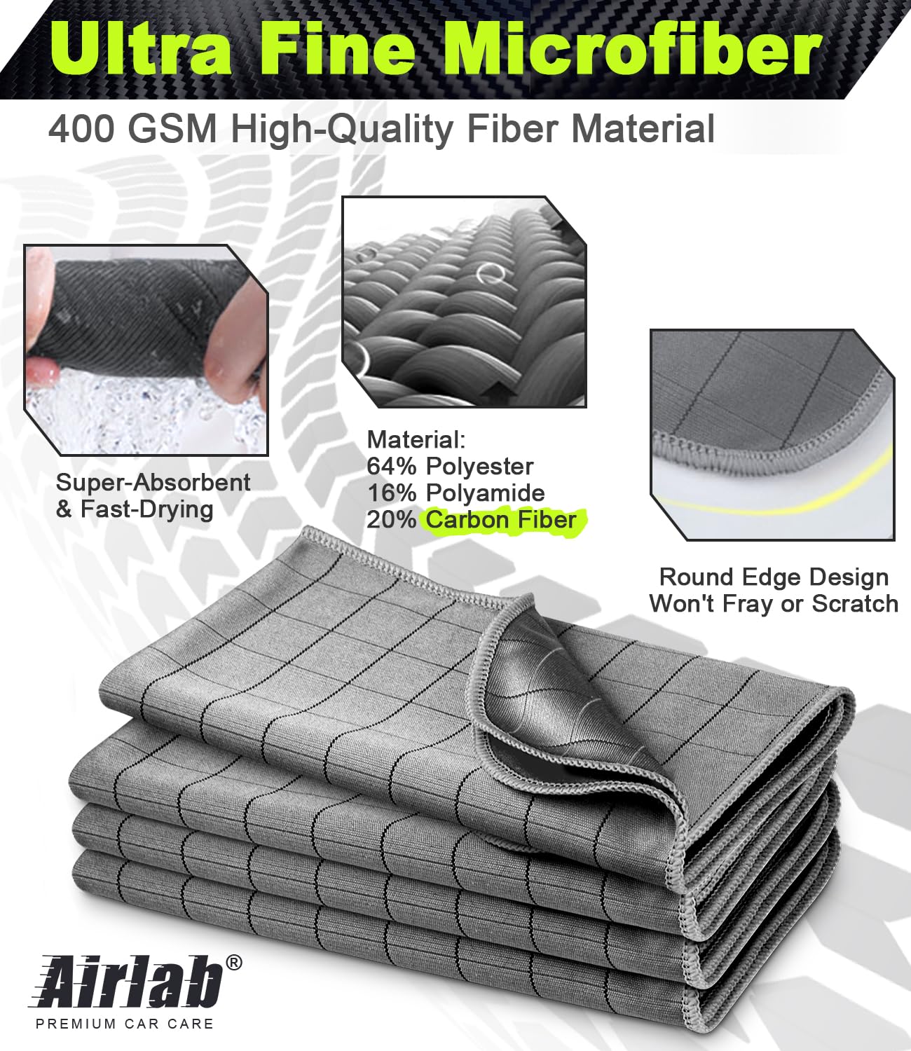 Airlab towel tackles grease without scratching car interiors and exteriors.