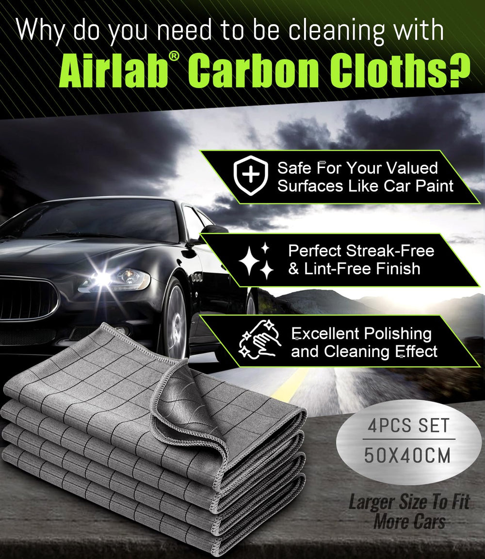 Airlab carbon microfiber towel for window cleaning provides lint-free shine on glass.
