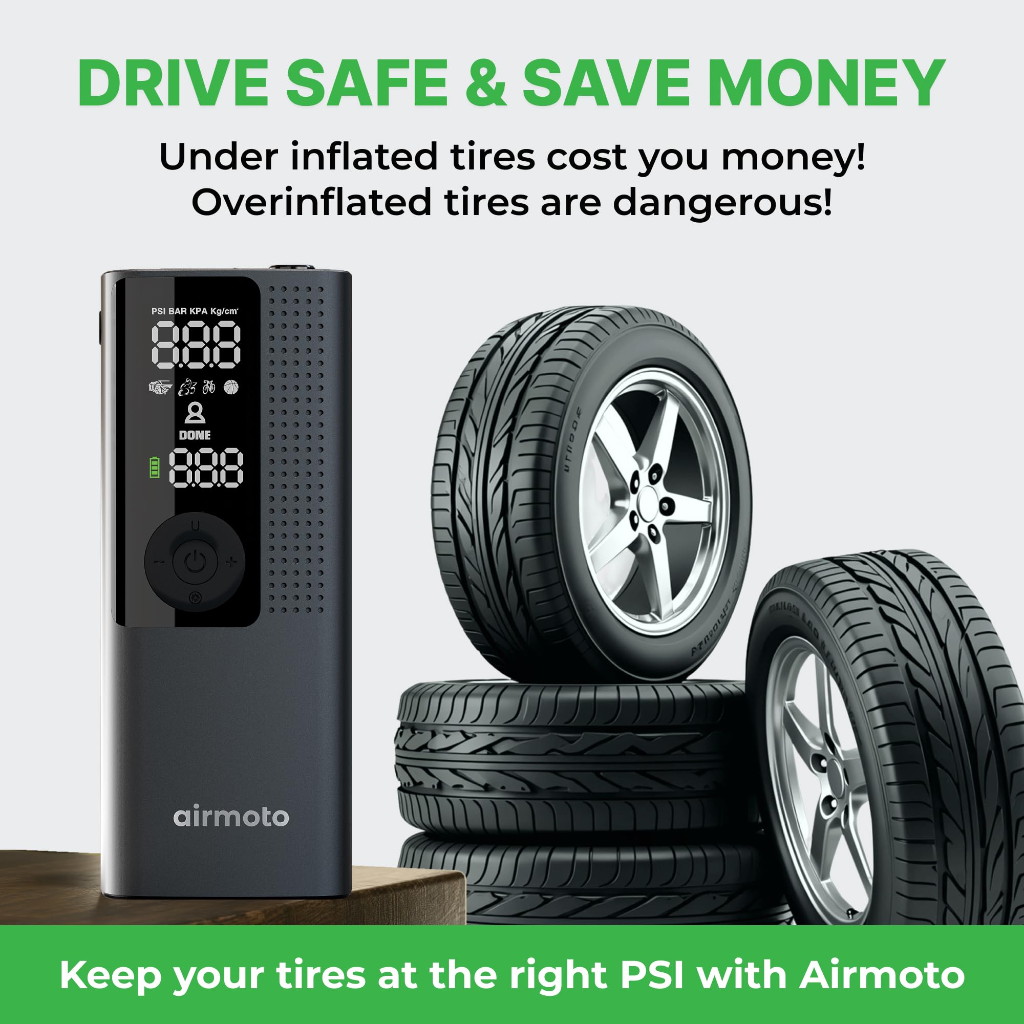 Airmoto air hose with Schrader connection attached, enabling quick car tire fills