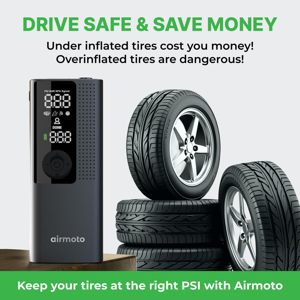 Airmoto air hose with Schrader connection attached, enabling quick car tire fills