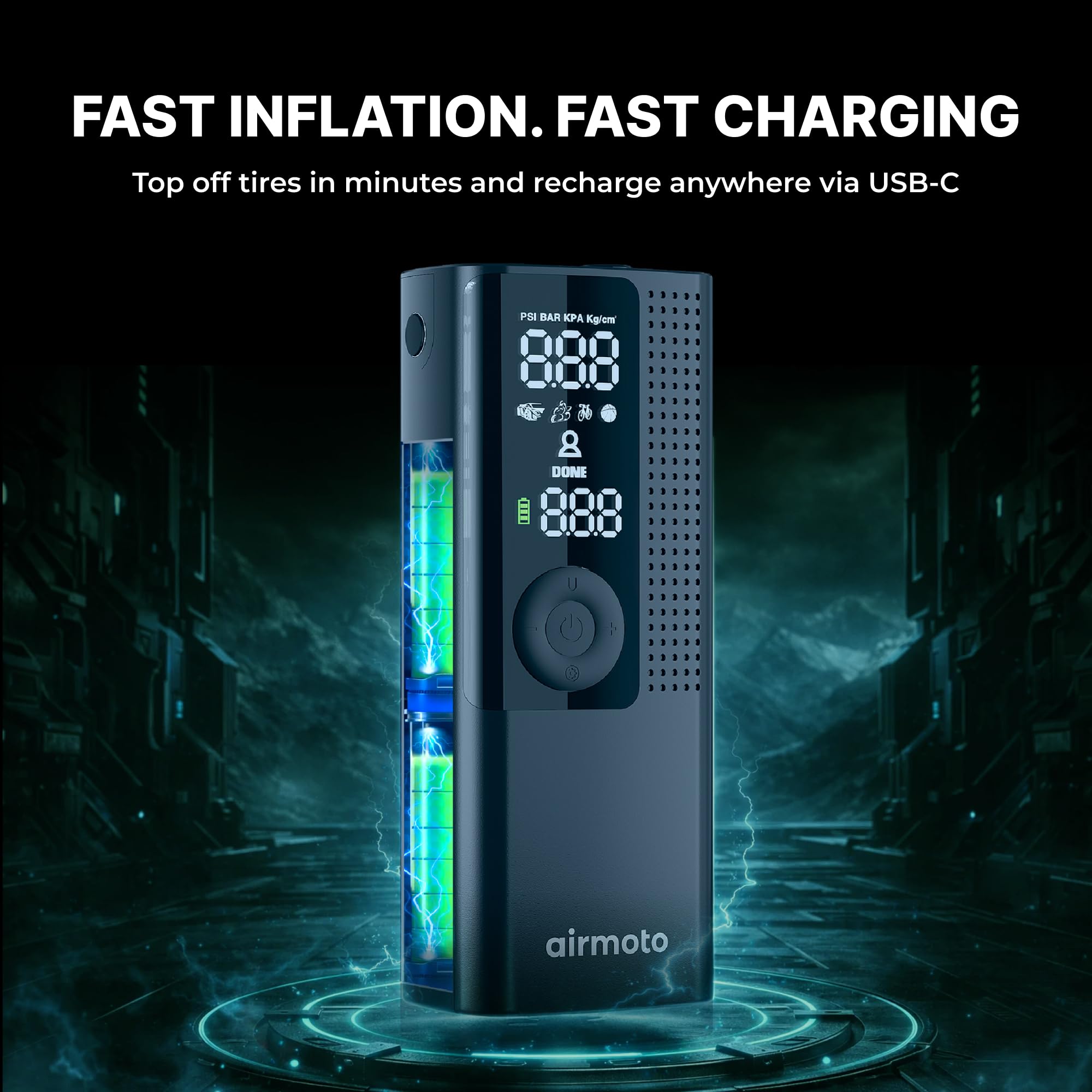 Airmoto built-in LED flashlight illuminating valve for nighttime inflation convenience