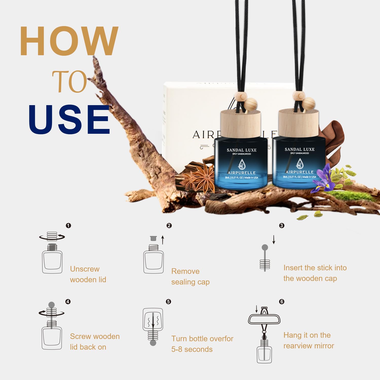 AirPurelle 90+ days fragrance per two-pack for extended car freshness.