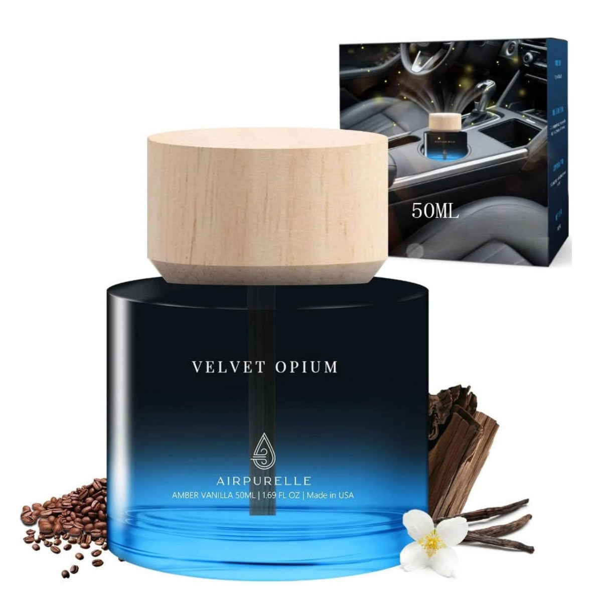 AirPurelle amber vanilla cup-holder diffuser for long-lasting aroma in the car.