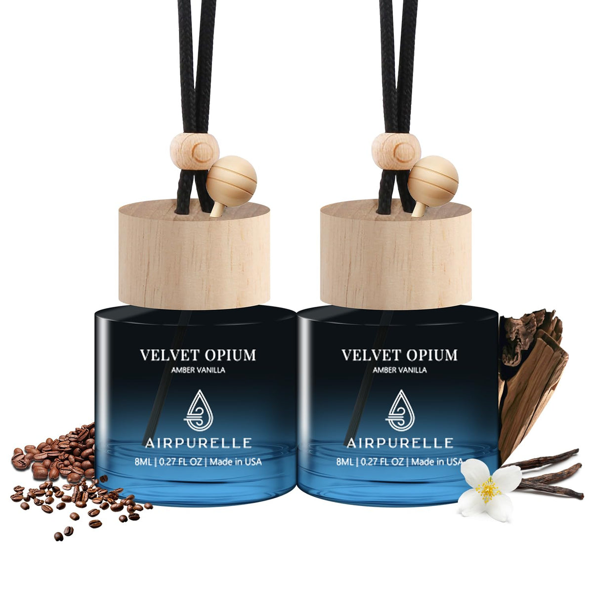 AirPurelle Amber Vanilla diffuser bottle, top view, offering long-lasting car fragrance.