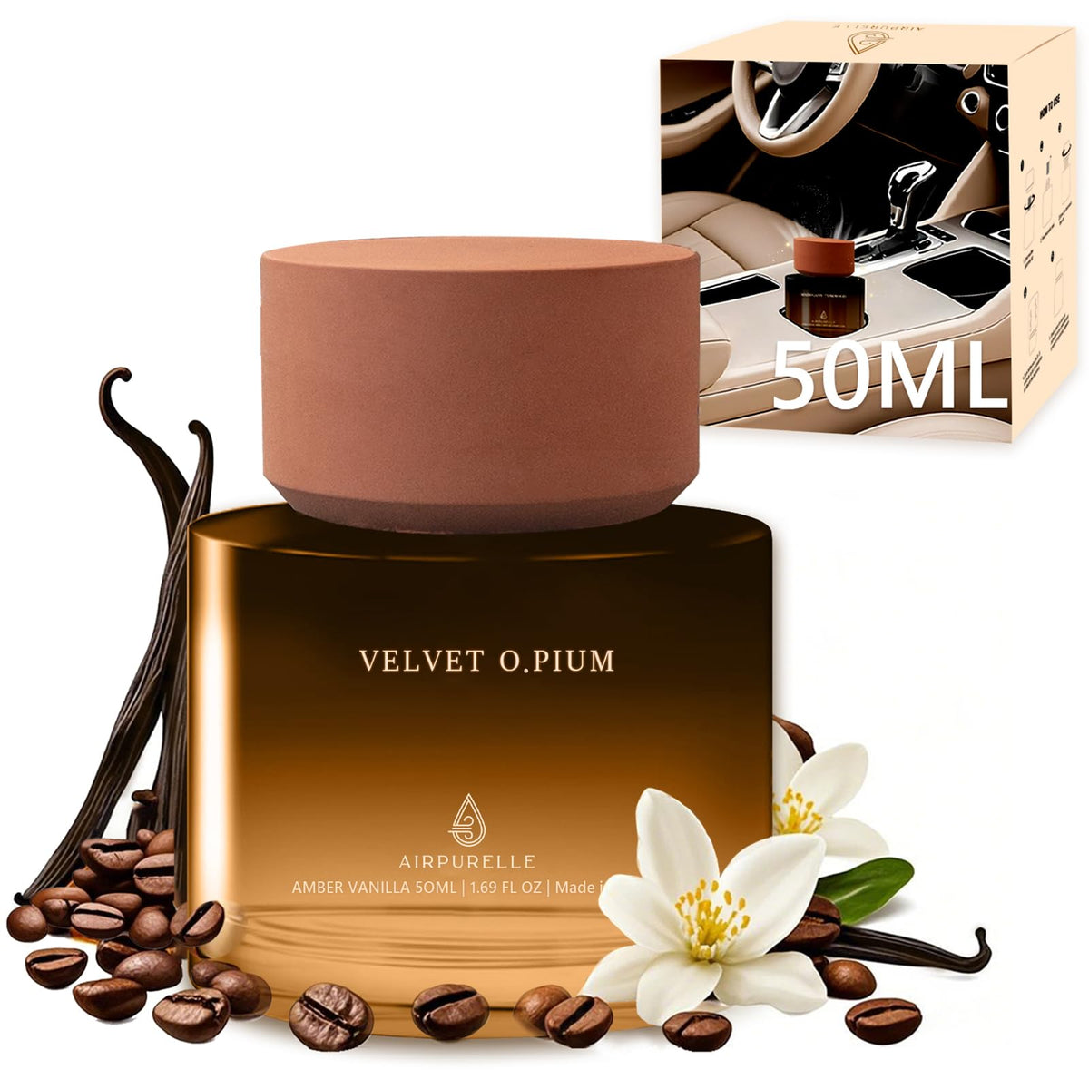 AirPurelle Amber Vanilla diffuser cap for leak-free car fragrance.