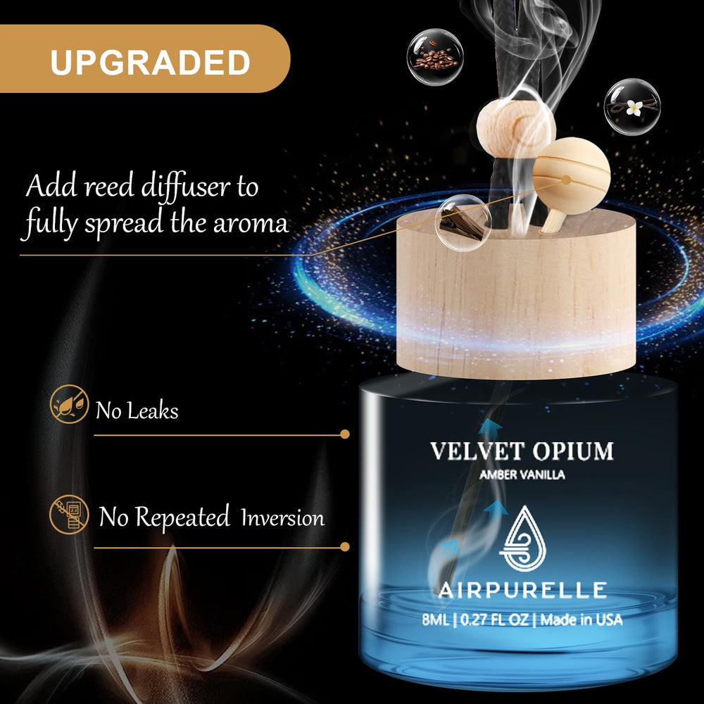 AirPurelle blue glass diffuser bottle highlights spill-free design for clean interiors.