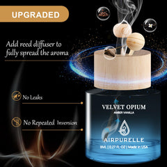 AirPurelle blue glass diffuser bottle highlights spill-free design for clean interiors.