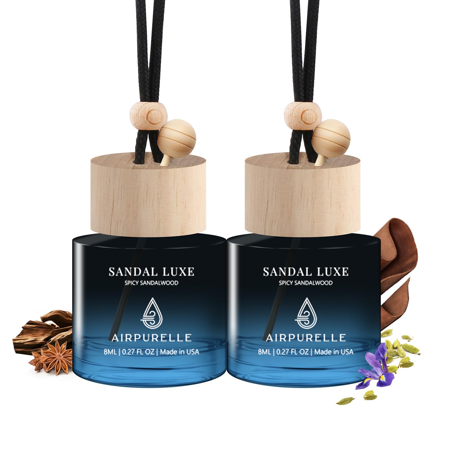 AirPurelle car air freshener hanging two-pack bottles with long-lasting sandalwood aroma.