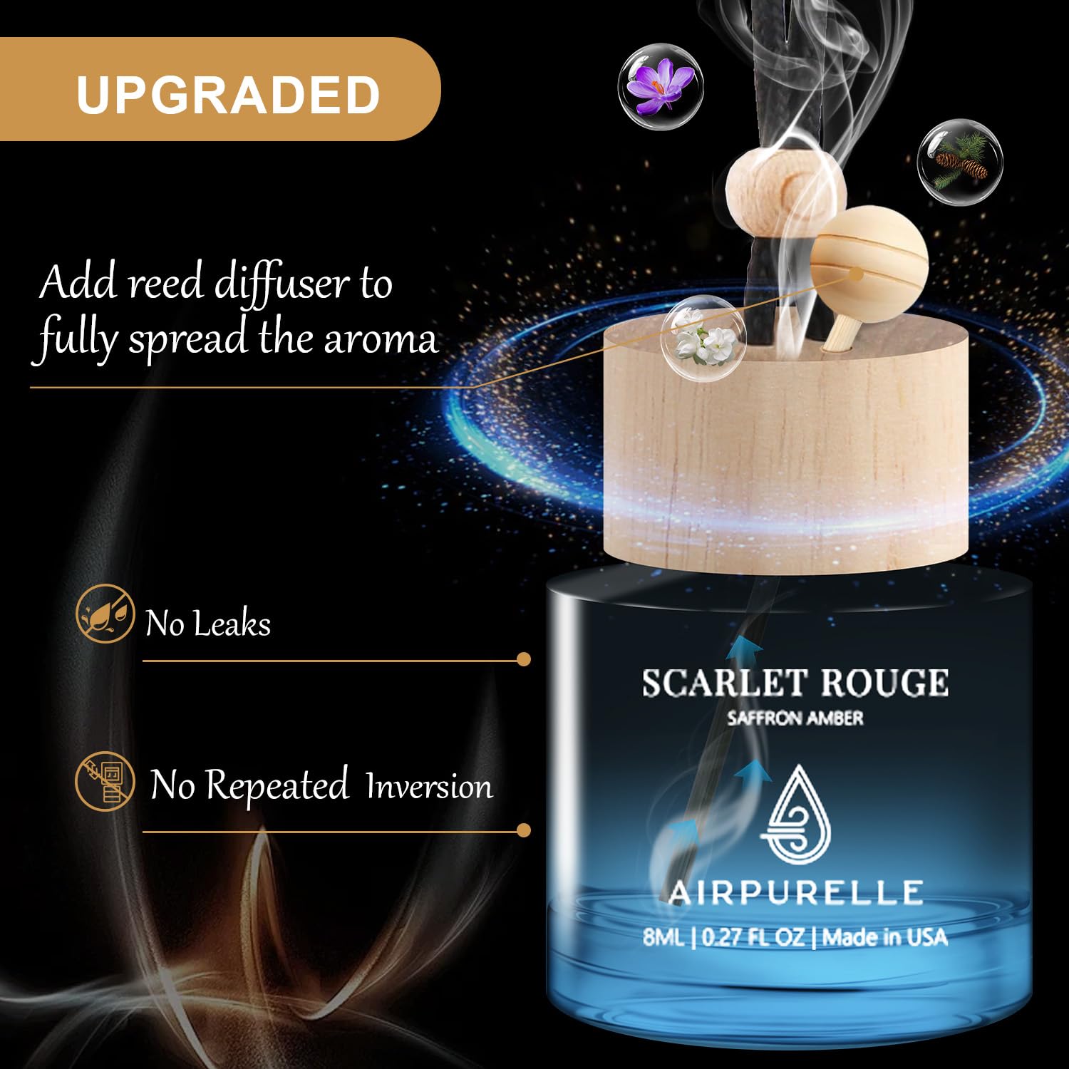 AirPurelle leak-proof design with wooden cap prevents spills during travel.