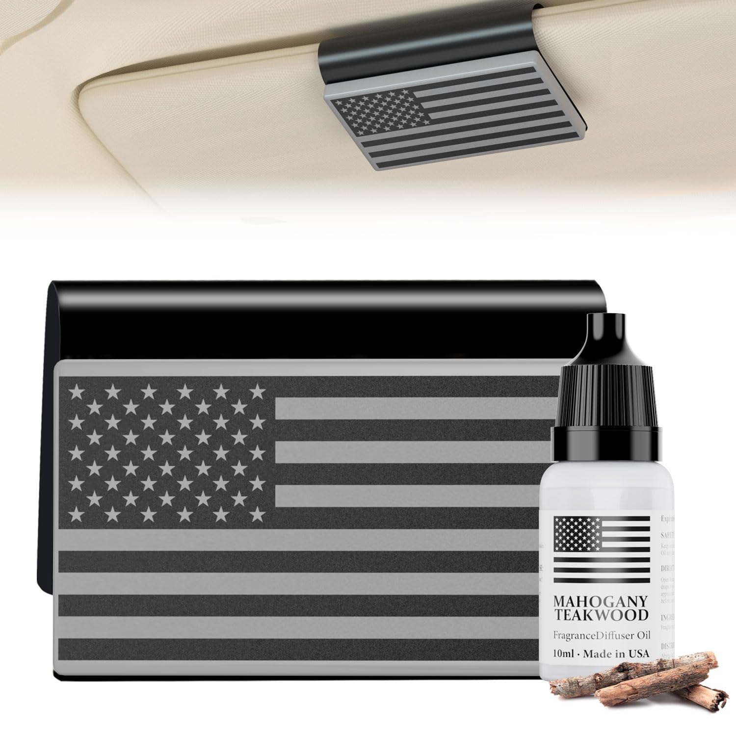 AirPurelle Mahogany Teakwood car diffuser clipped on sun visor for discreet fragrance.