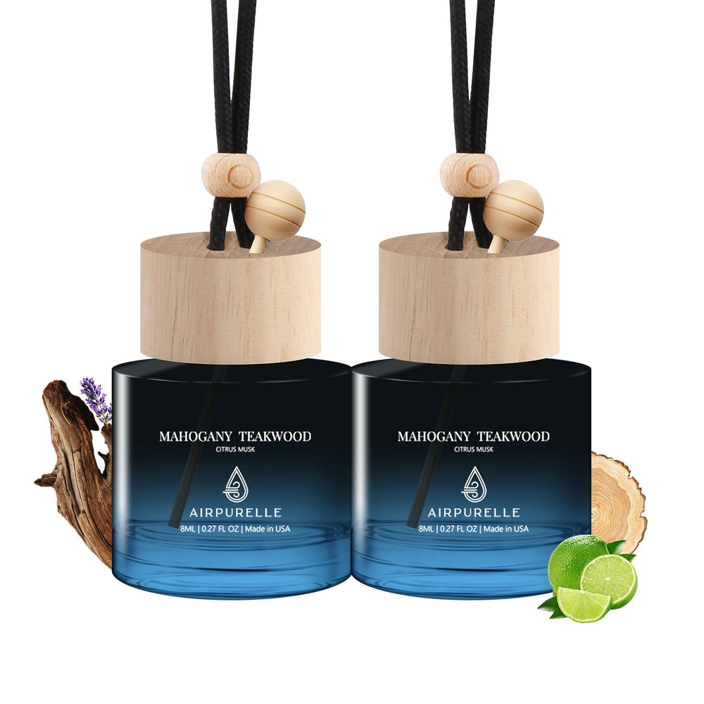 AirPurelle Mahogany Teakwood diffuser bottle delivering long lasting car fragrance