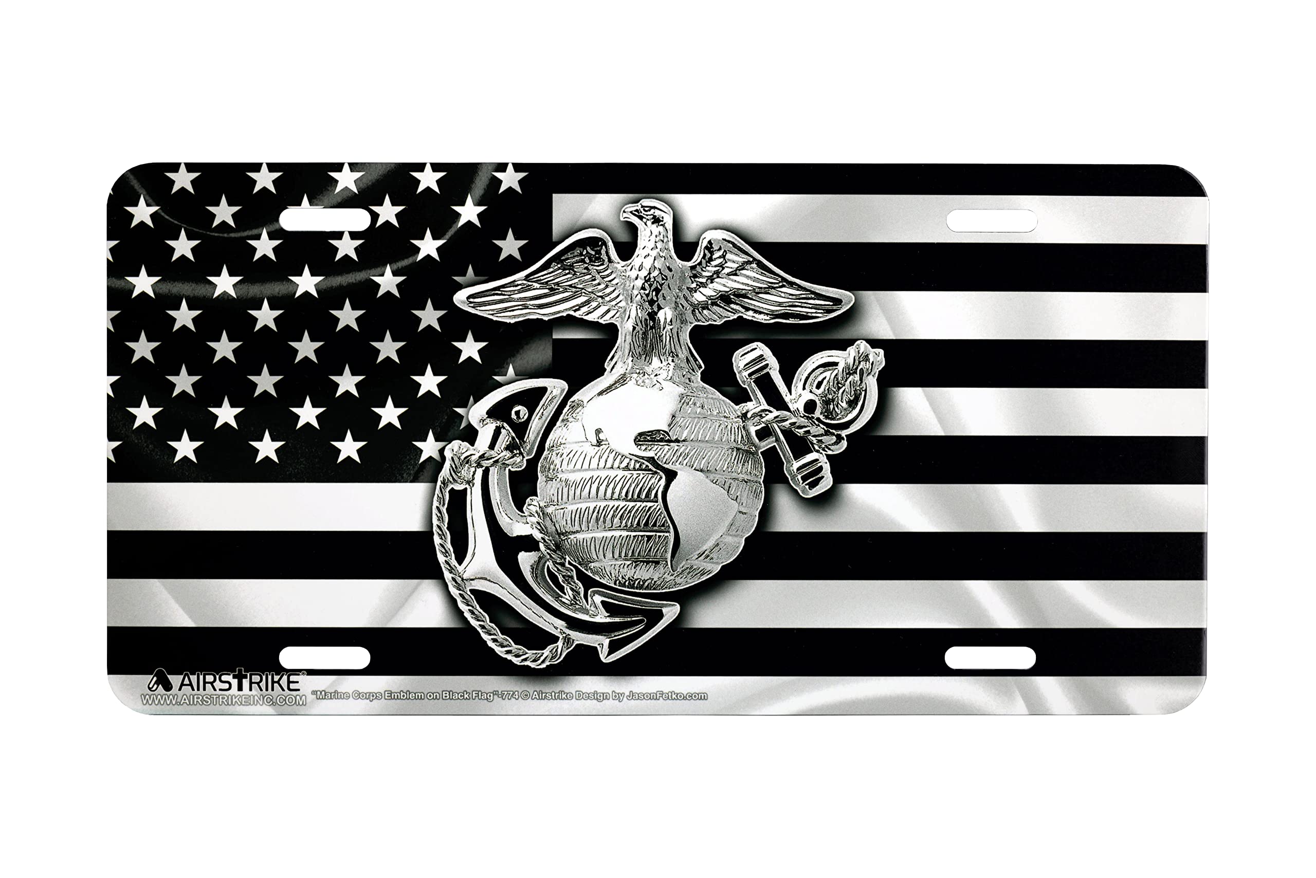 Airstrike Marine Corps license plate front view with crisp print and vivid colors.