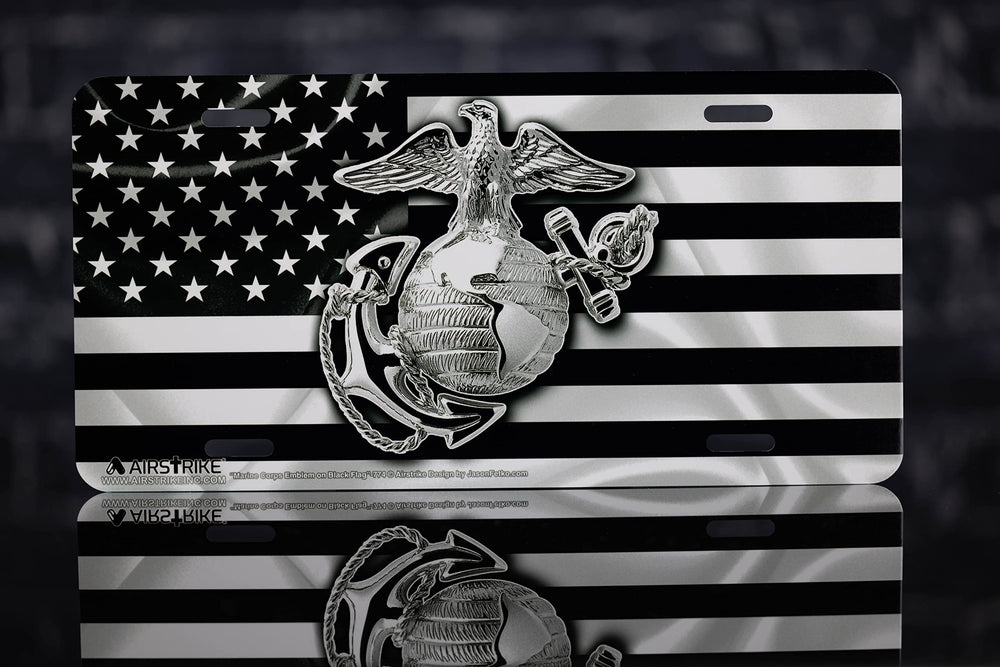 Airstrike USMC license plate shows a black flag design with bold colors for curb appeal.