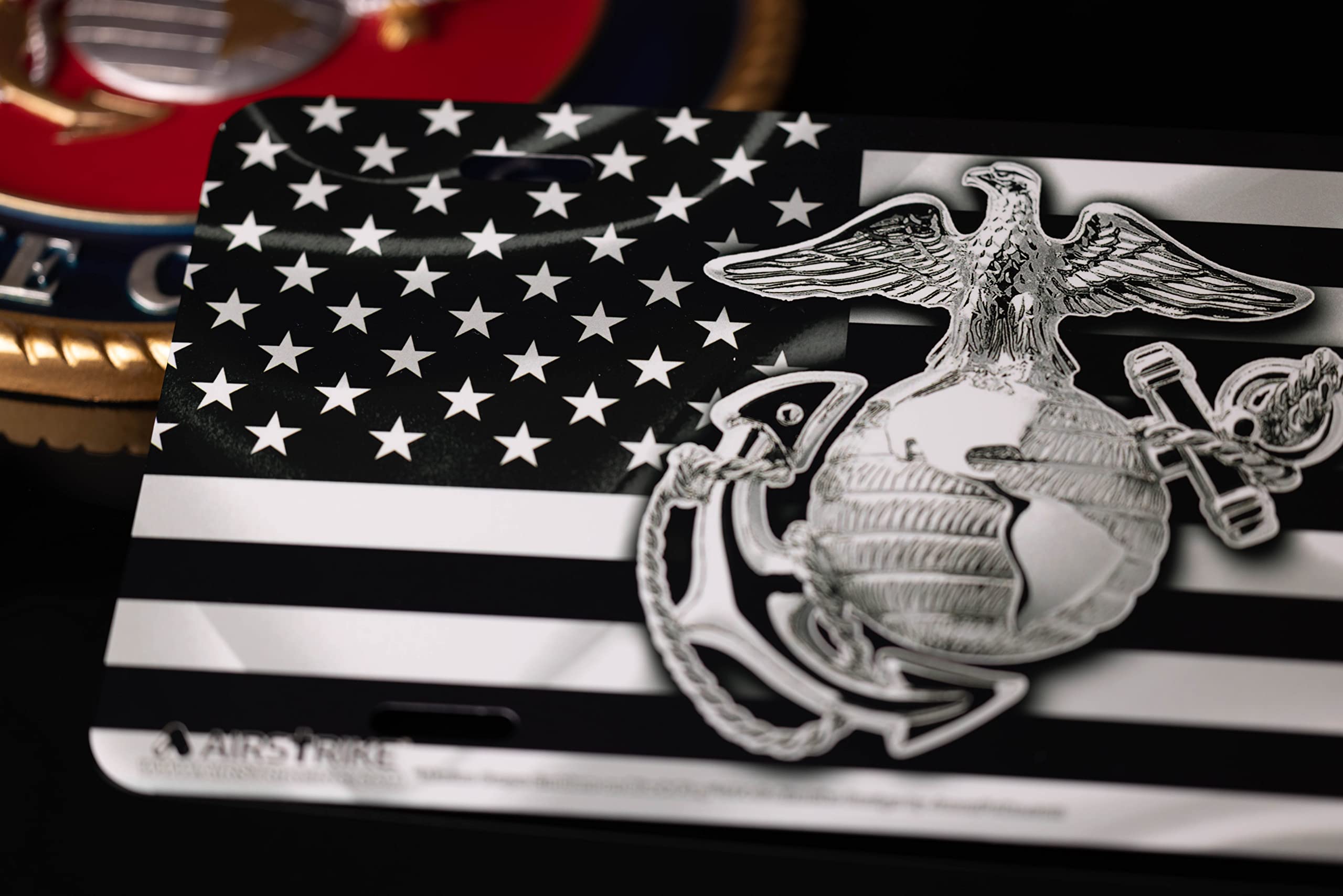 Airstrike USMC plate features high-definition printing for sharp detail.