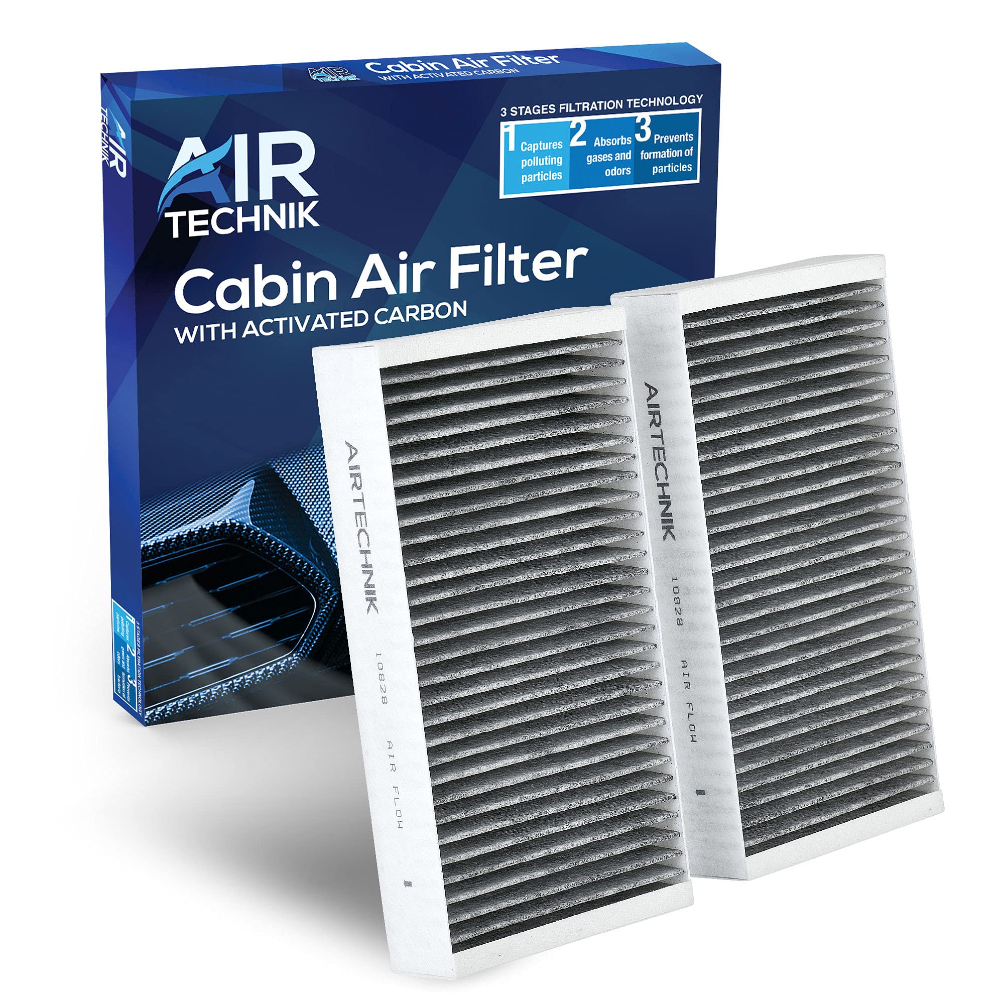 AirTechnik CF10828 cabin filter closeup showing activated carbon layer for cleaner air.