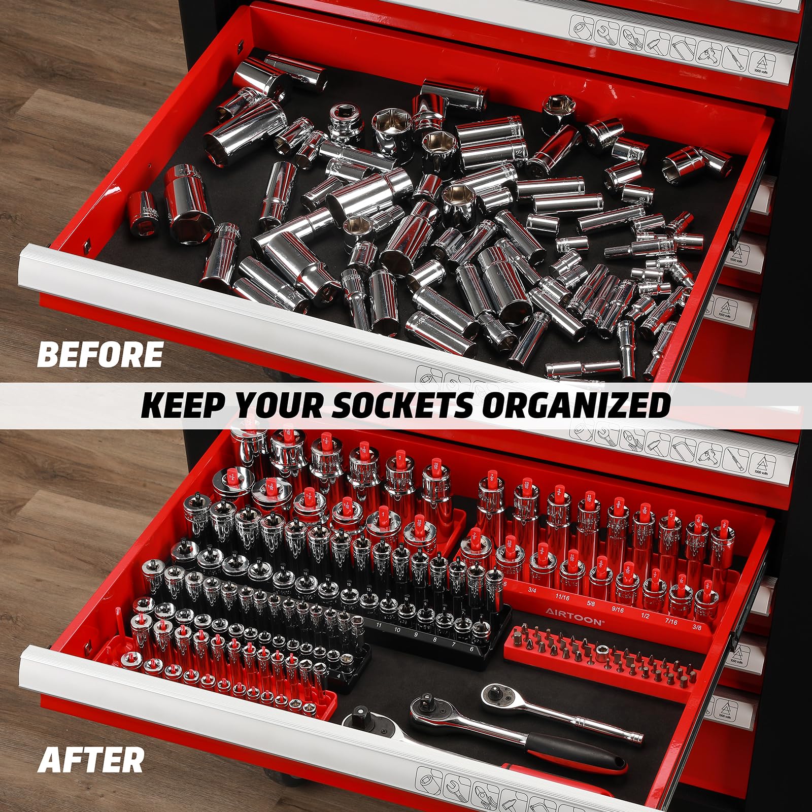 AirToon socket trays feature clearly labeled posts for fast size recognition.