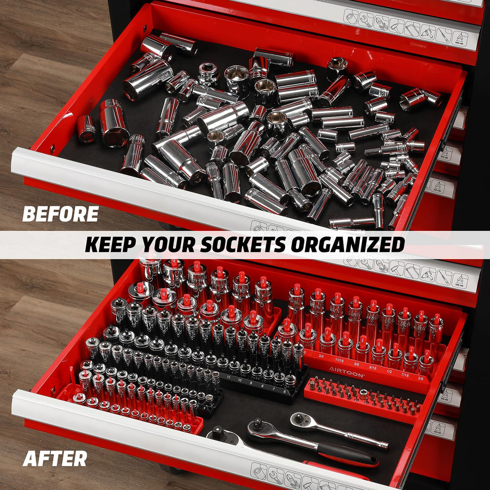 AirToon socket trays feature clearly labeled posts for fast size recognition.