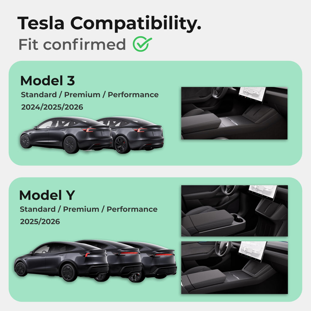 Airvolt center console armrest cover on Tesla Model 3 Highland with soft-touch comfort.