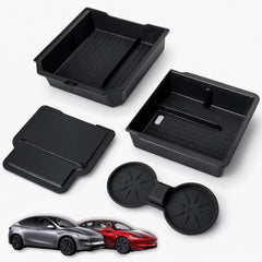 AirVOLT center console sliding tray keeps items organized in Tesla Model Y.