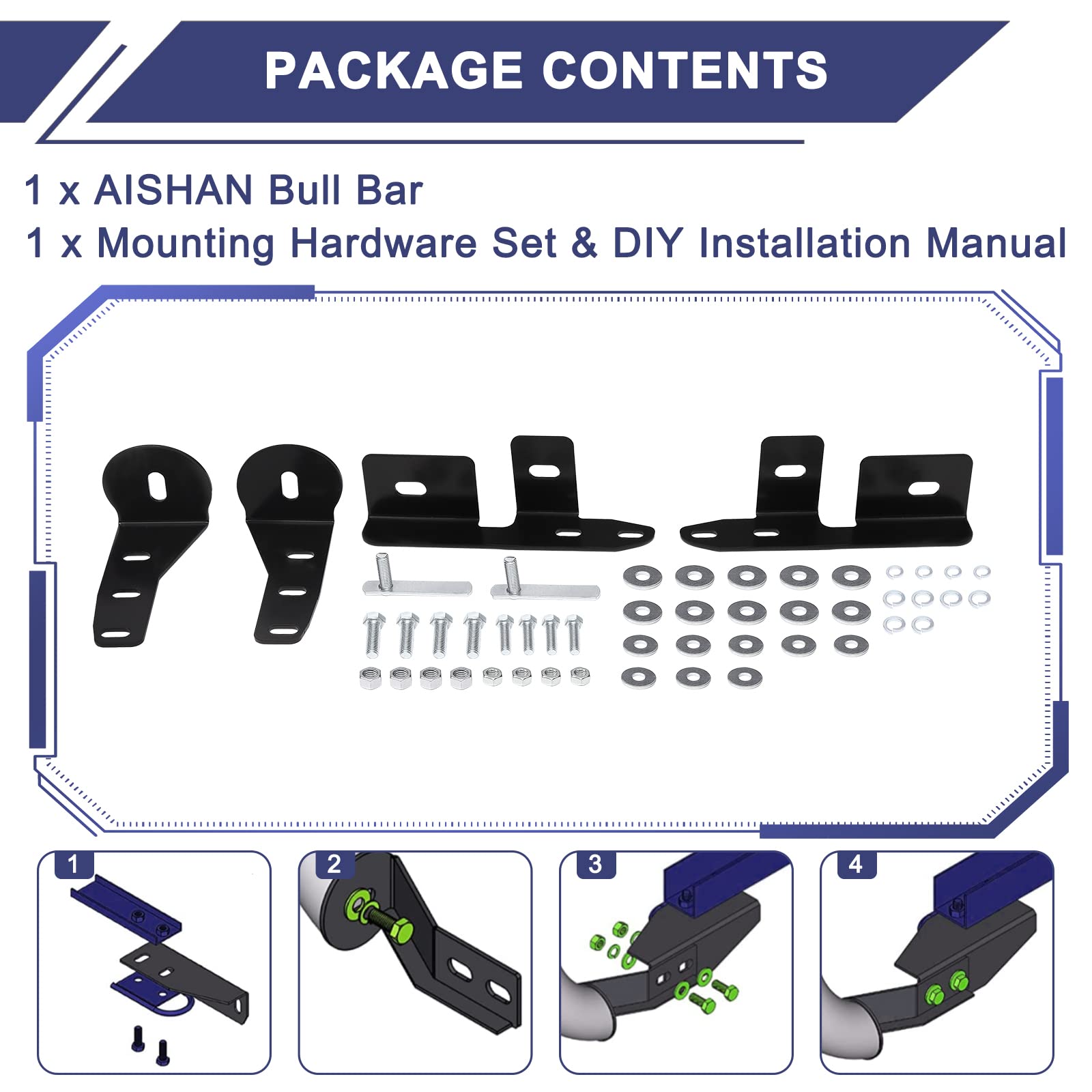 AISHAN Bull Bar uses bolt-on installation with pre-drilled holes for easy mounting