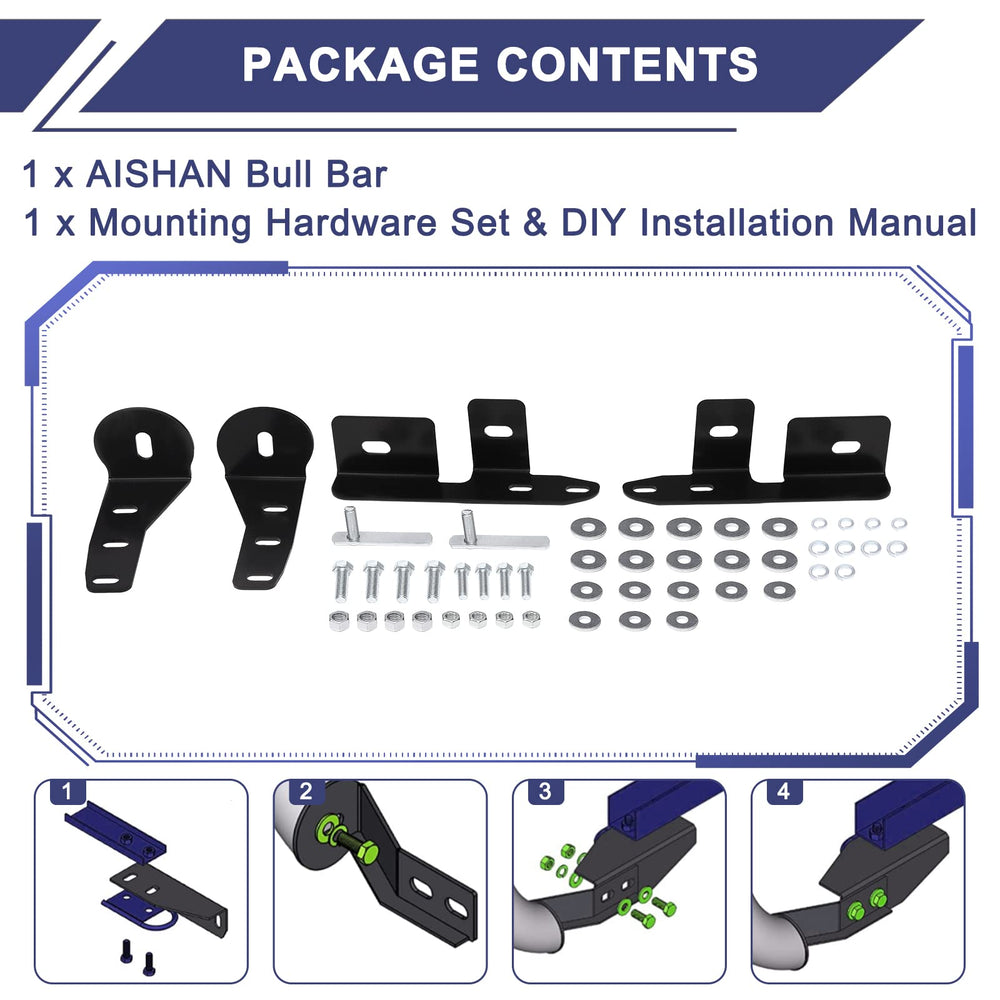AISHAN Bull Bar uses bolt-on installation with pre-drilled holes for easy mounting