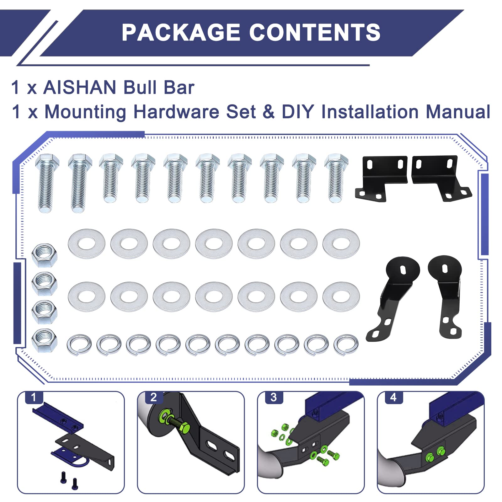 Complete mounting hardware and DIY manual with the AISHAN Bull Bar.