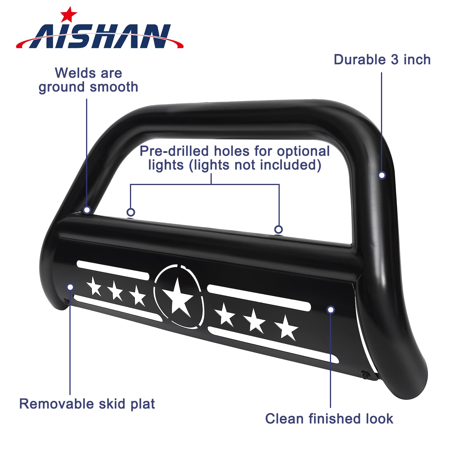 AISHAN Bull Bar's removable skid plate adds protection and customization.