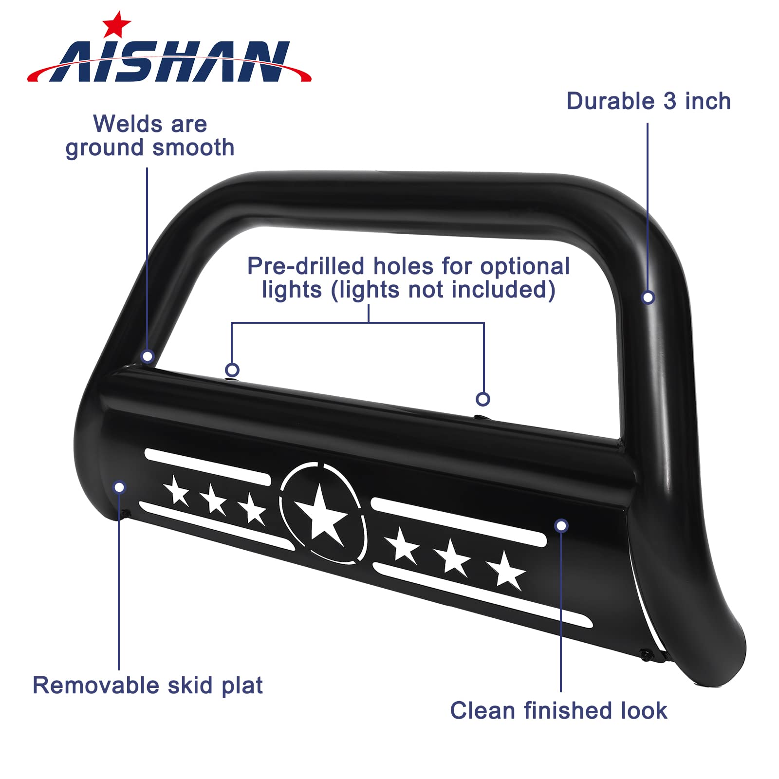 AISHAN front bumper guard with durable steel construction enhances front-end protection.