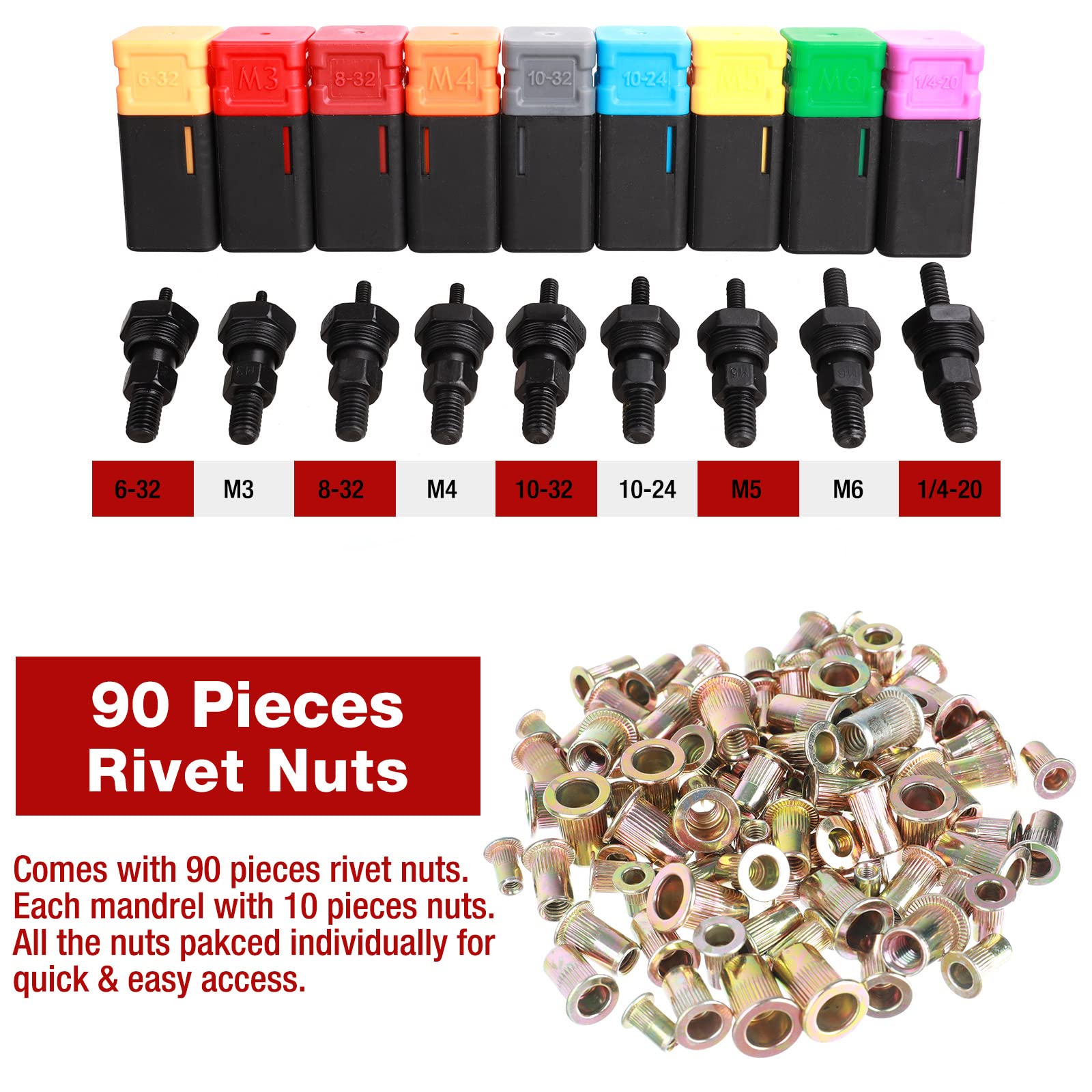 AIUITIO rivet nut tool kit with 9 mandrels and 90 rivnuts