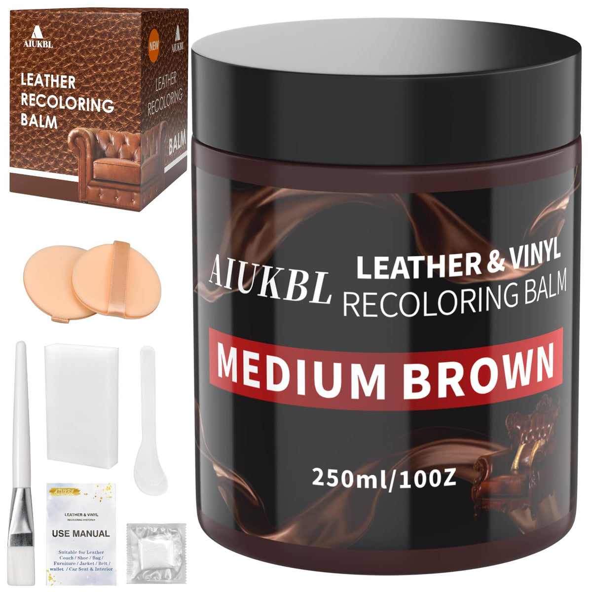 AIUKBL Leather Balm bottle pour demonstrates easy color refresh for leather