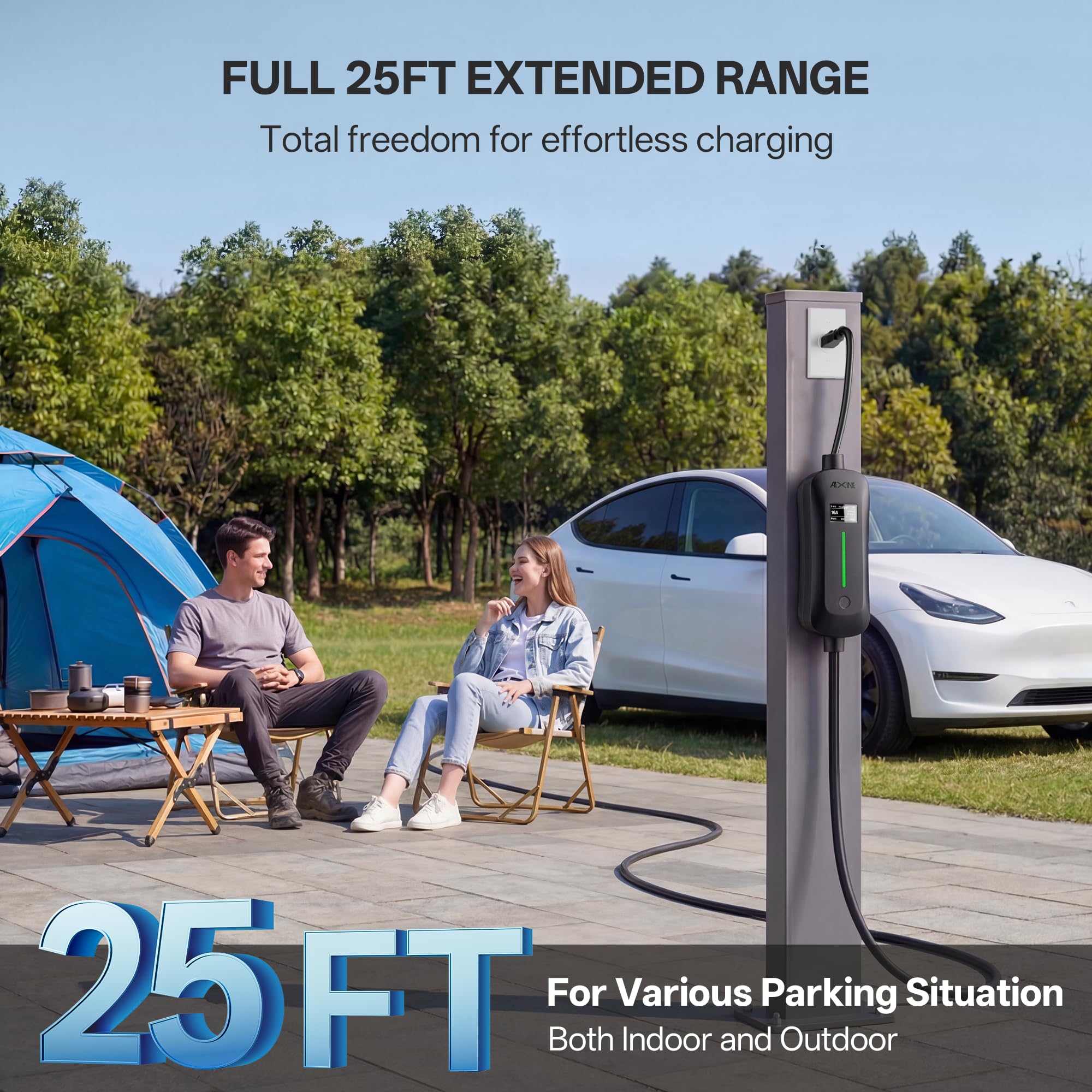 AIXINE EV charger showing Tesla NACS compatibility for all Model S X 3 Y