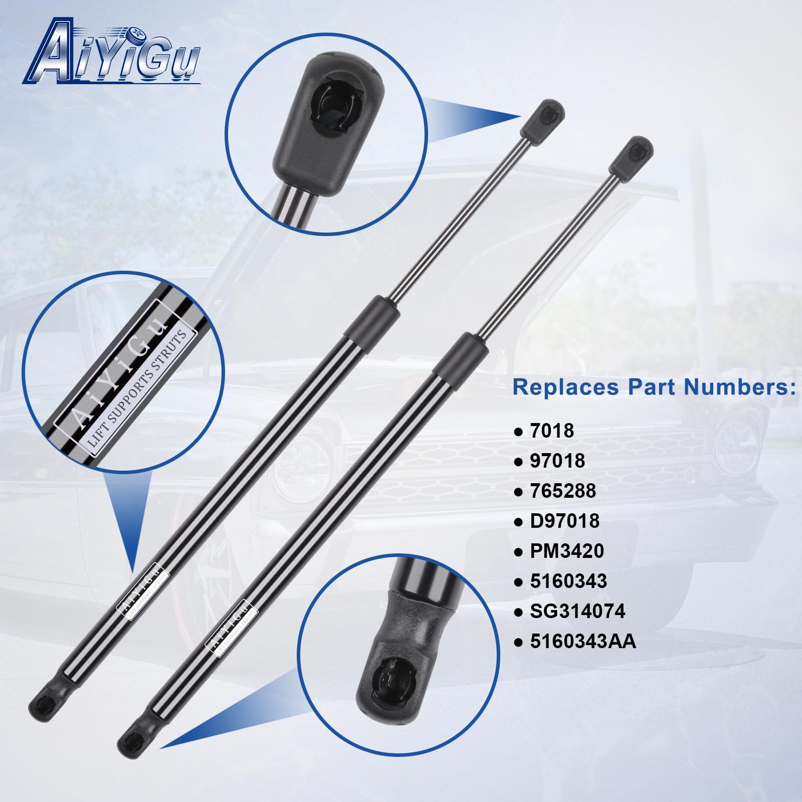 AiYiGu 7018 hood strut pair ready for Ram trucks