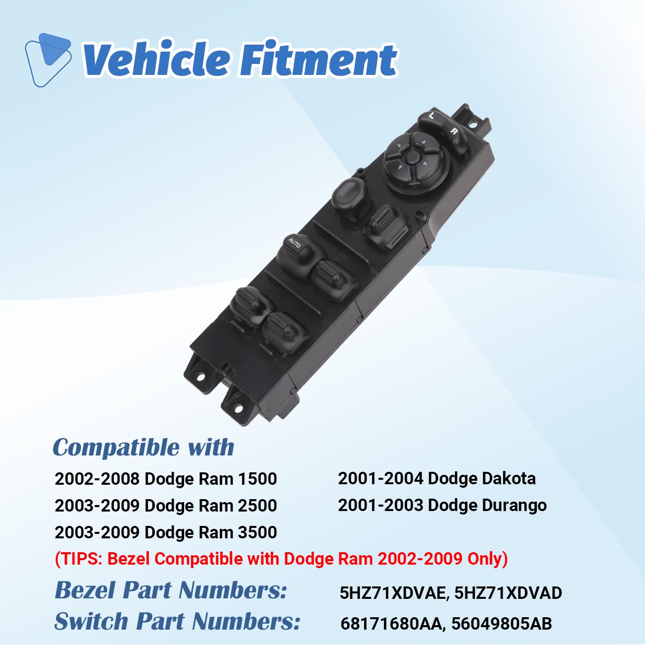 AiYiGu bezel master control for Dakota and Durango shows factory-fit compatibility.