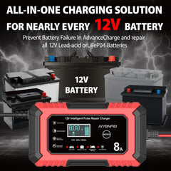 AIYONFEI 12V 8A charger LCD display shows real-time status.