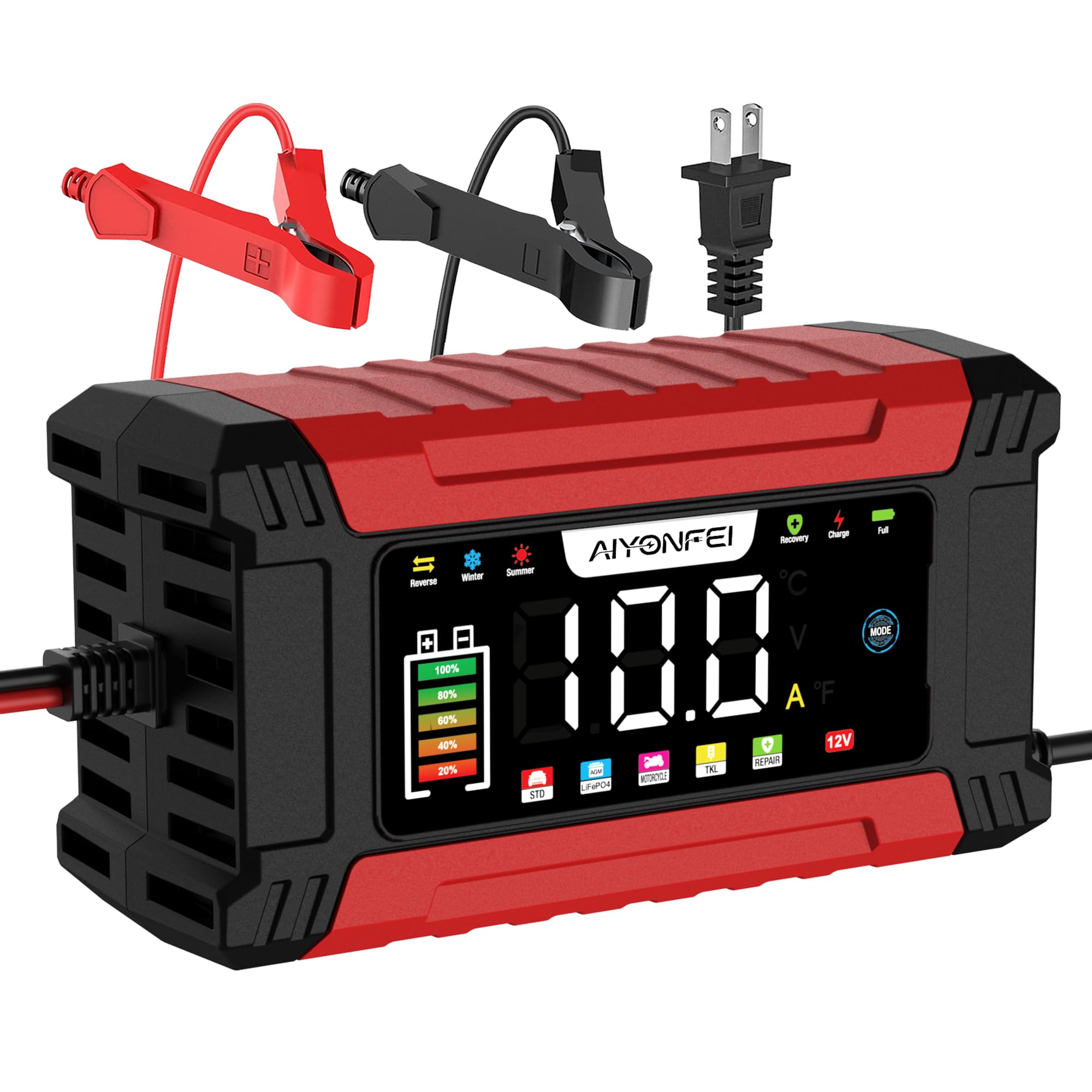 AIYONFEI battery charger with LED display showing status for quick checks