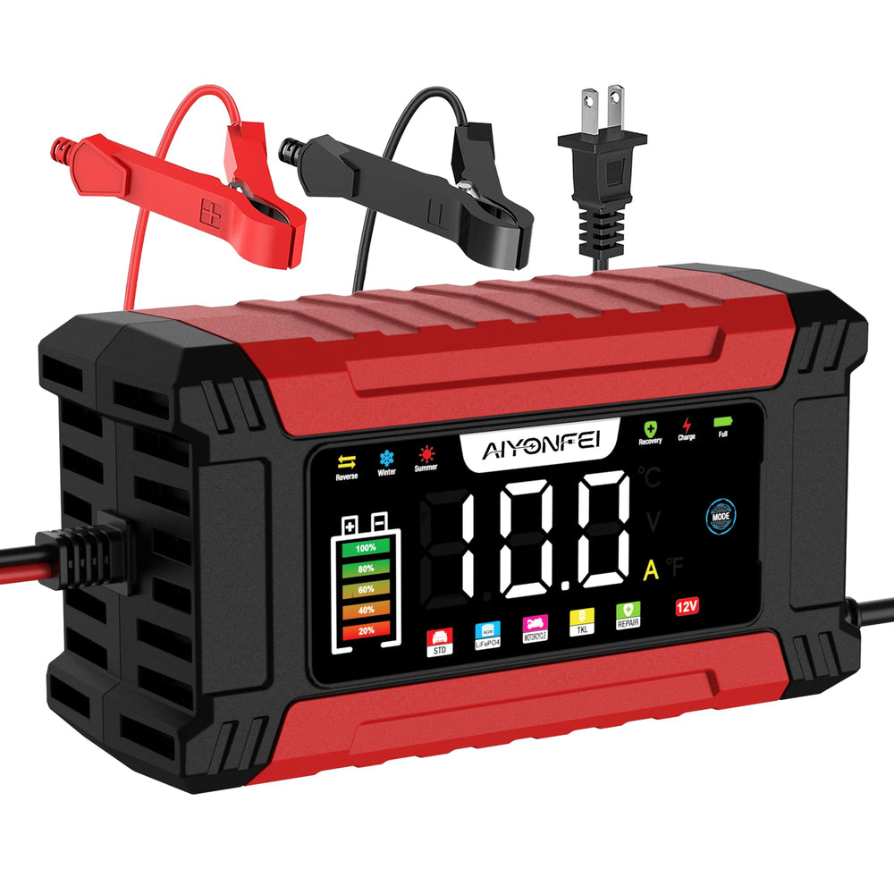 AIYONFEI battery charger with LED display showing status for quick checks