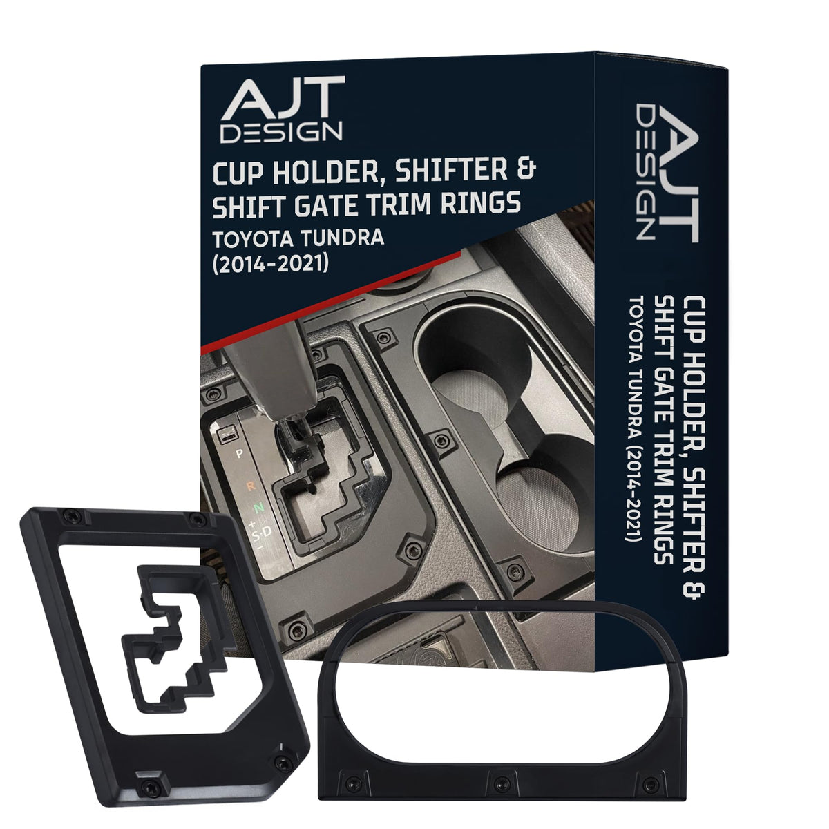 AJT DESIGN cup holder trim ring for Toyota Tundra with rugged matte black chrome-delete look.