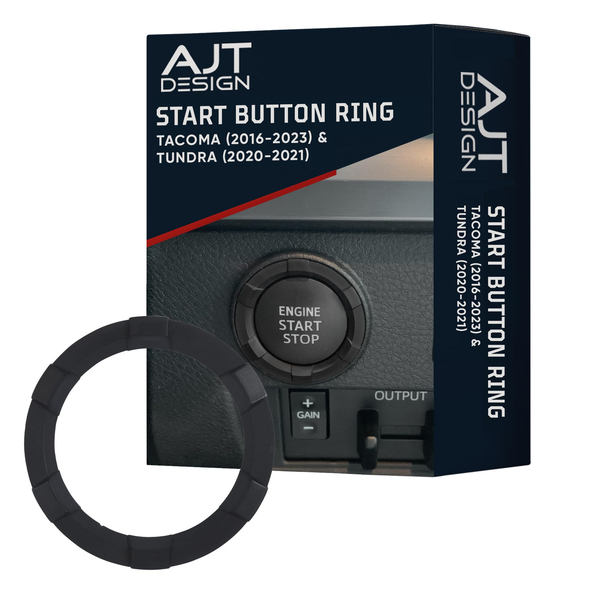 AJT DESIGN start button ring on Tacoma 2016-2023 front view, matte black upgrade.