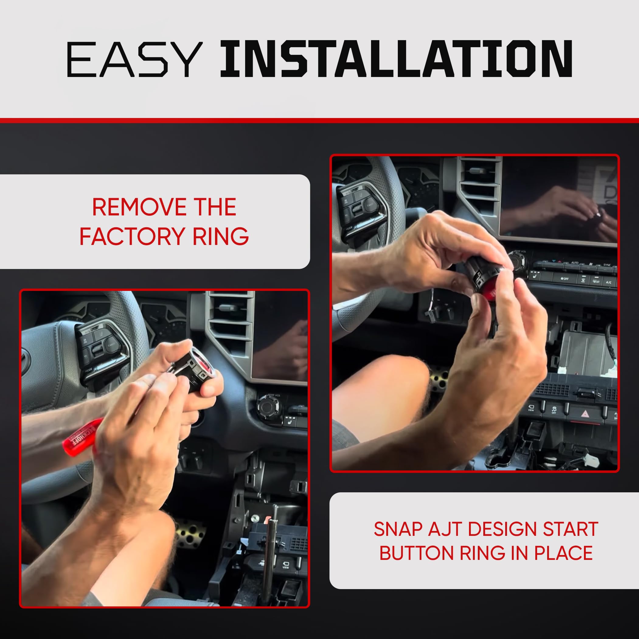 Installed AJT DESIGN start button ring on Tundra, 2020-2021, showing seamless OEM-like fit.