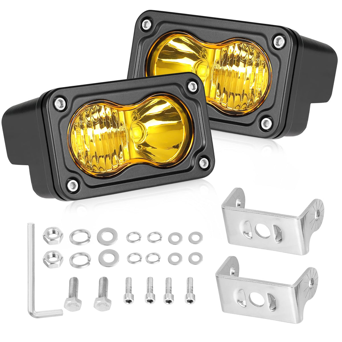 AKD Part 3inch yellow combo LED pod, front view, enhances night visibility on trails.