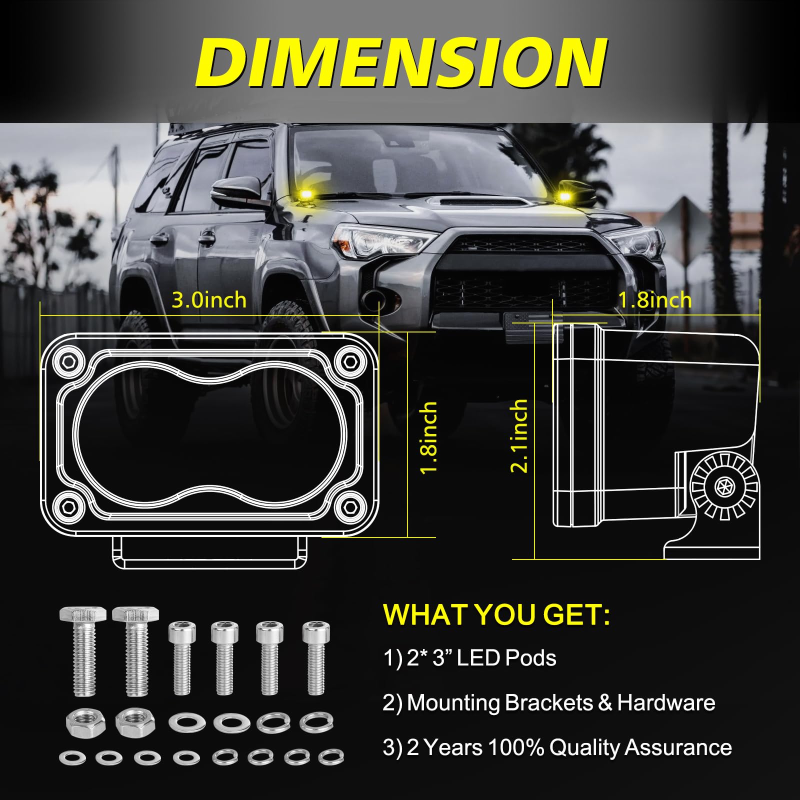 AKD Part 3inch yellow combo LED pod, side view, provides wide flood and focused throw.