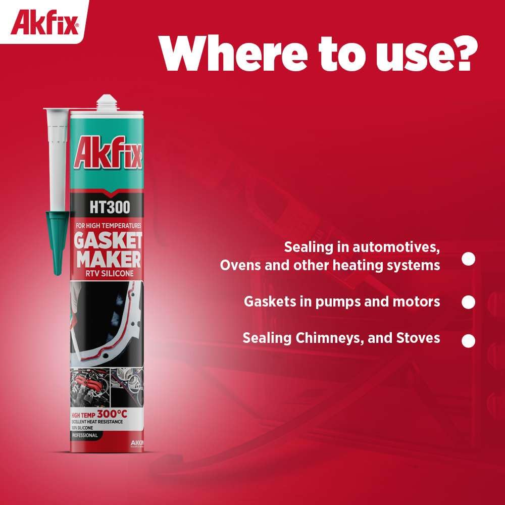 Akfix HT300 heat resistance graphic emphasizes durable performance at high temperatures.