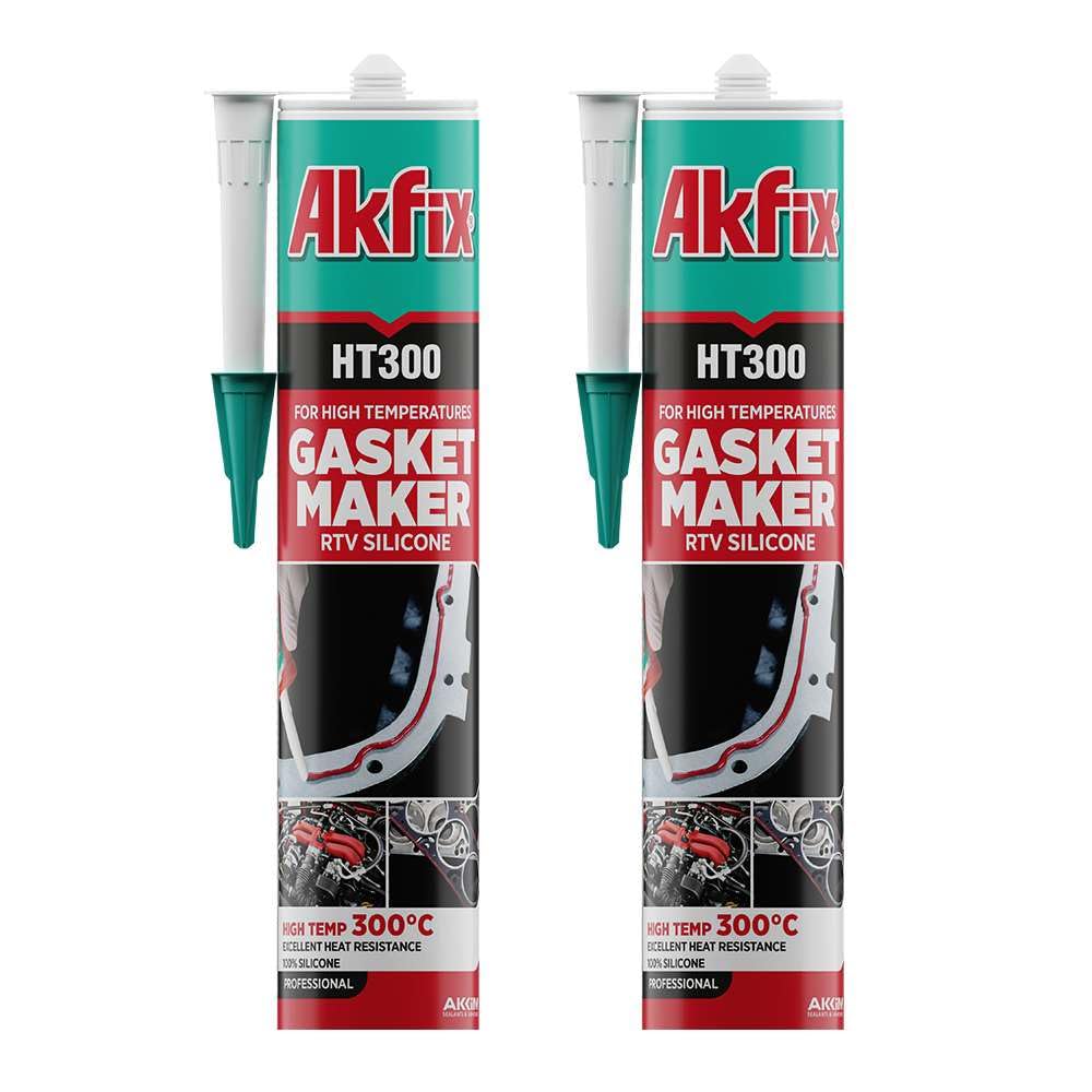 Akfix HT300 high-temp silicone bottle closeup showing durable, high-heat sealant for automotive jobs.
