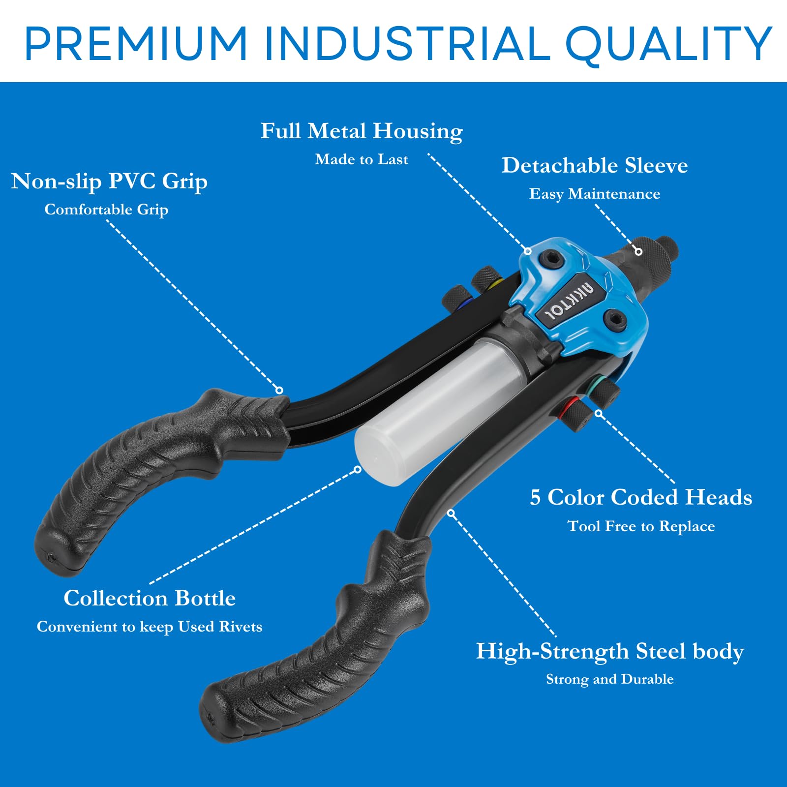 AKKTOL rivet gun kit with shaft-catching bottle and storage