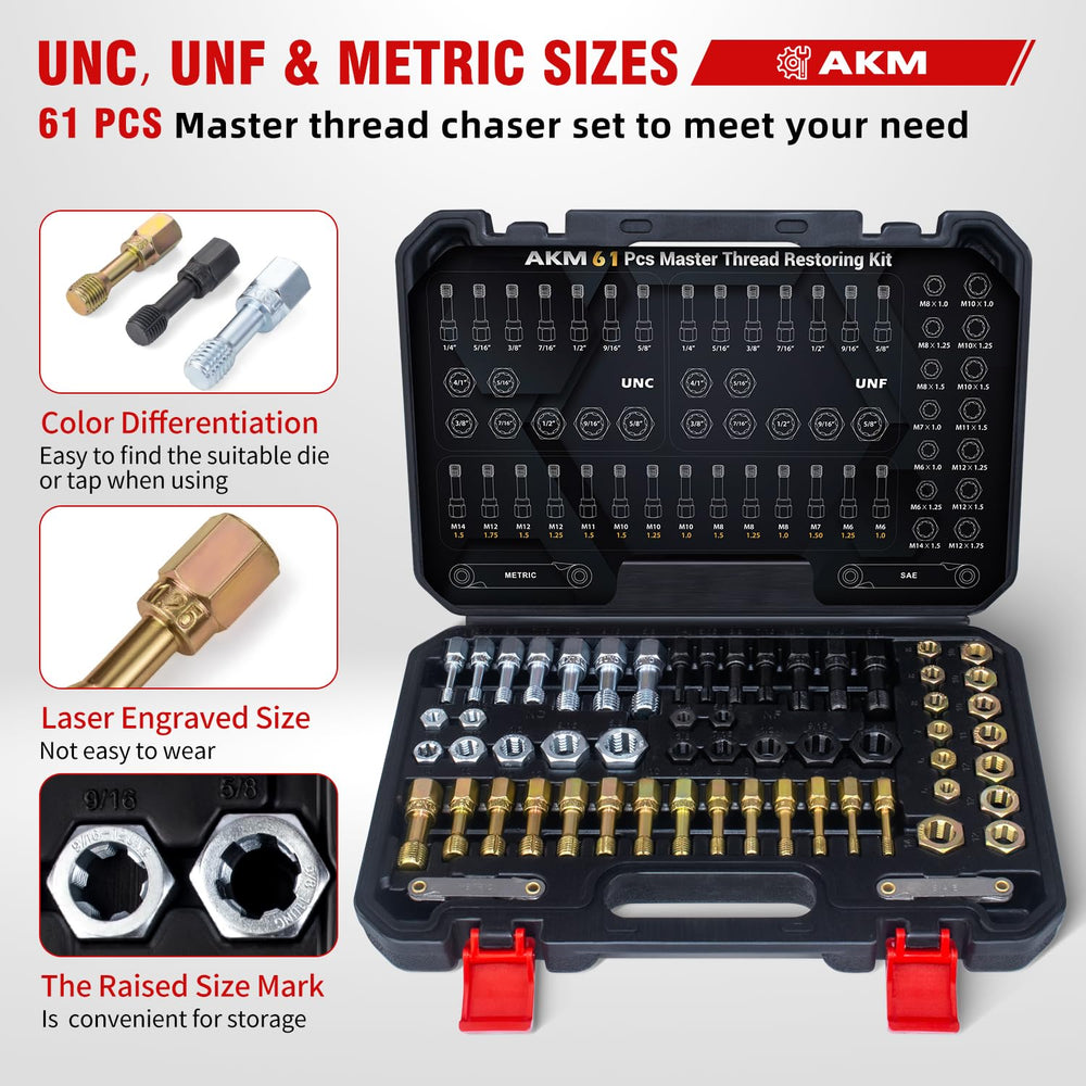 AKM thread restorer kit color-coded threads aid quick identification.