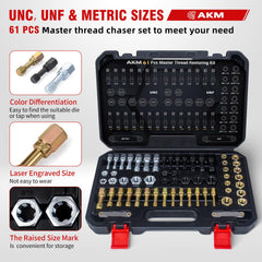 AKM thread restorer kit color-coded threads aid quick identification.