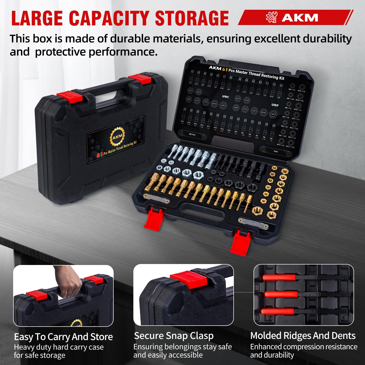 AKM compact case backshot highlights organized storage.